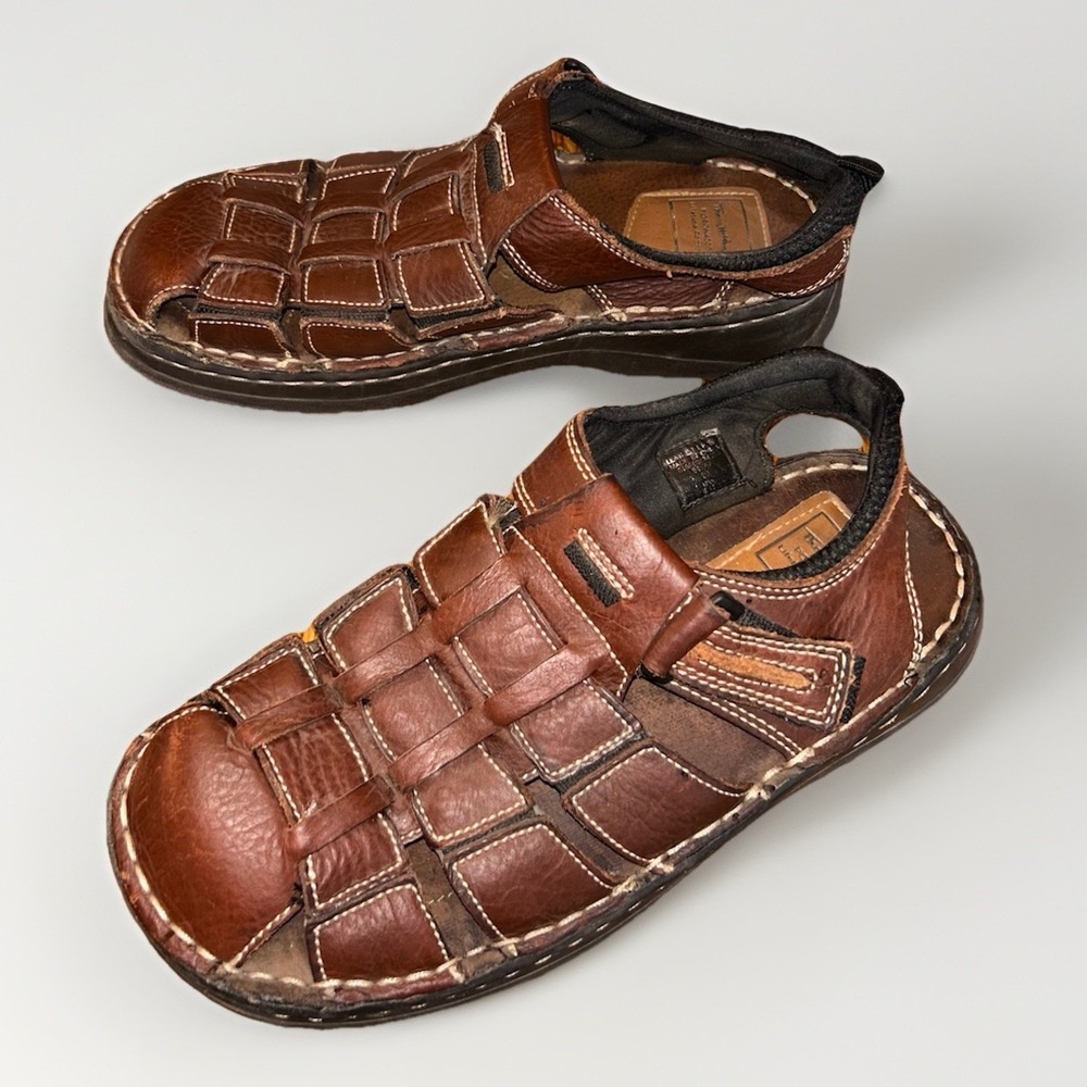 Thom McAn Poron 4000 Mens 10 Brown‎ Leather Fisherman Sandals Hook Loop Strap